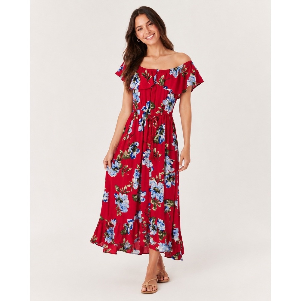 Band of Gypsies‎ Maxi Dress Womens Small Red Hawaiian Floral Print Viscose NEW